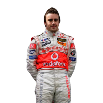 Fernando Alonso 2007 McLaren F1 race suit replica in white and red Vodafone McLaren Mercedes design with sponsor logos