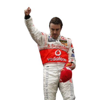 Fernando Alonso 2007 McLaren F1 race suit replica in white and red Vodafone McLaren Mercedes design with sponsor logos