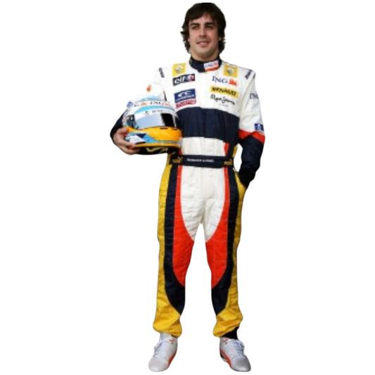 Fernando Alonso 2008 Renault F1 race suit replica in white, orange, and yellow ING Renault team design with sponsor logos
