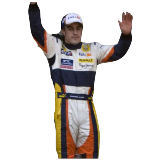 Fernando Alonso 2008 Renault F1 race suit replica in white, orange, and yellow ING Renault team design with sponsor logos