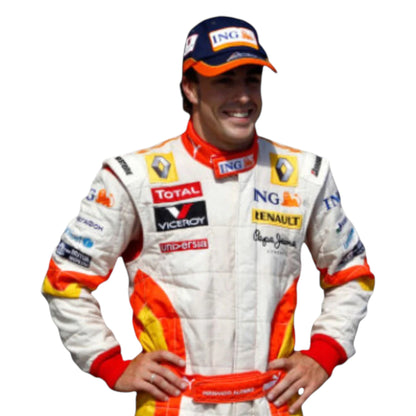 Fernando Alonso 2009 Renault F1 race suit replica in white, orange, and yellow ING Renault team design with sponsor logos