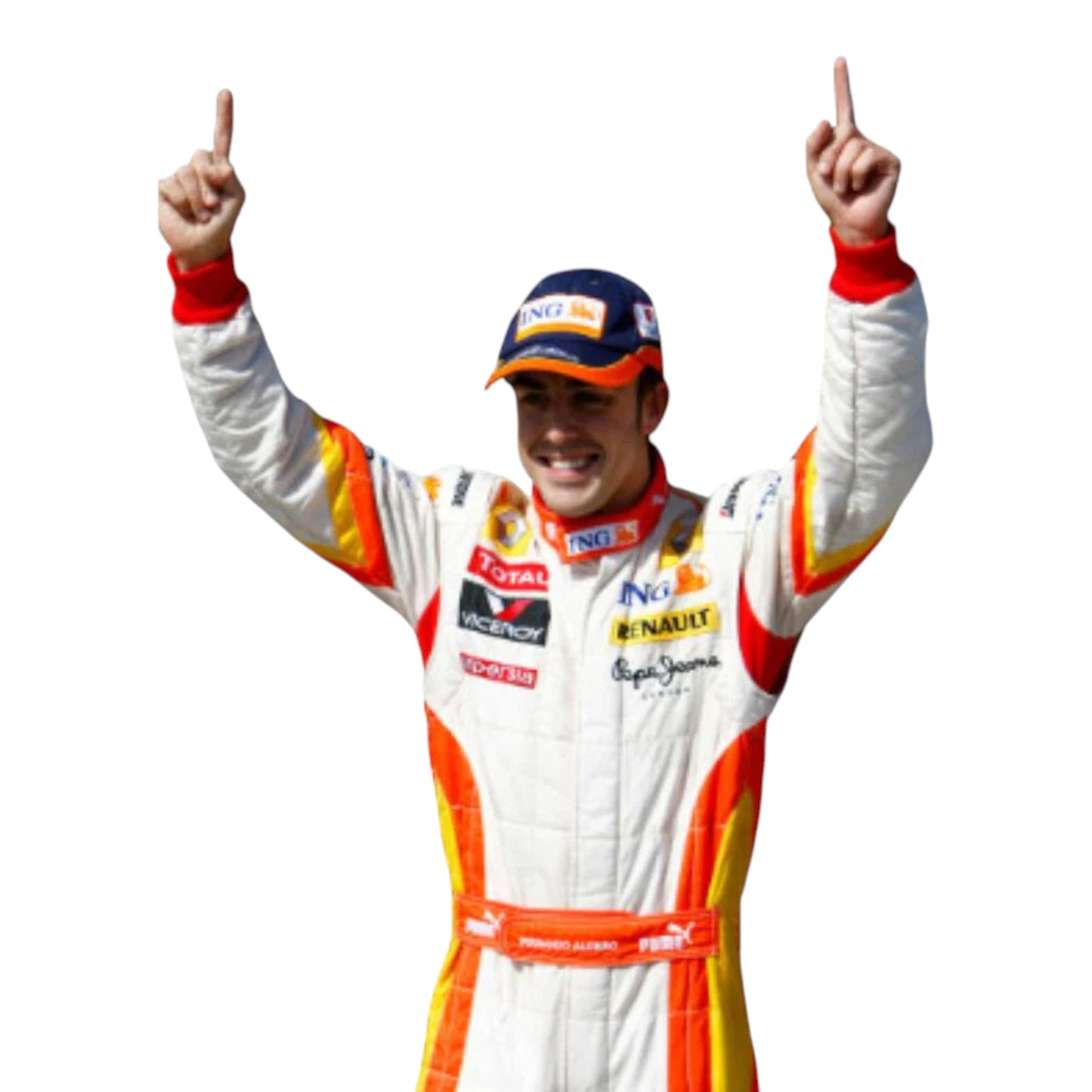 Fernando Alonso 2009 Renault F1 race suit replica in white, orange, and yellow ING Renault team design with sponsor logos