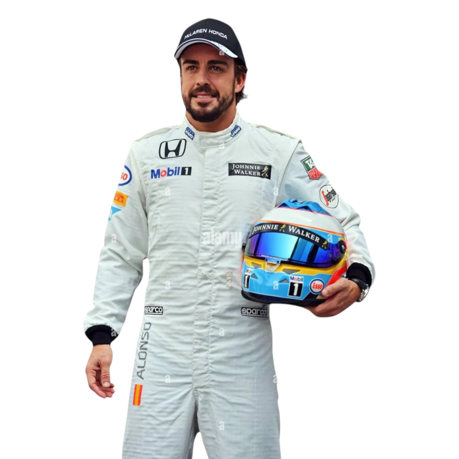 Fernando Alonso 2015 McLaren F1 race suit replica in white Honda powered design with official team sponsor logos