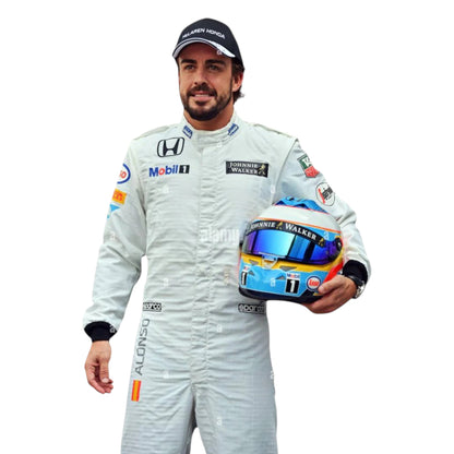 Fernando Alonso 2015 McLaren F1 race suit replica in white Honda powered design with official team sponsor logos