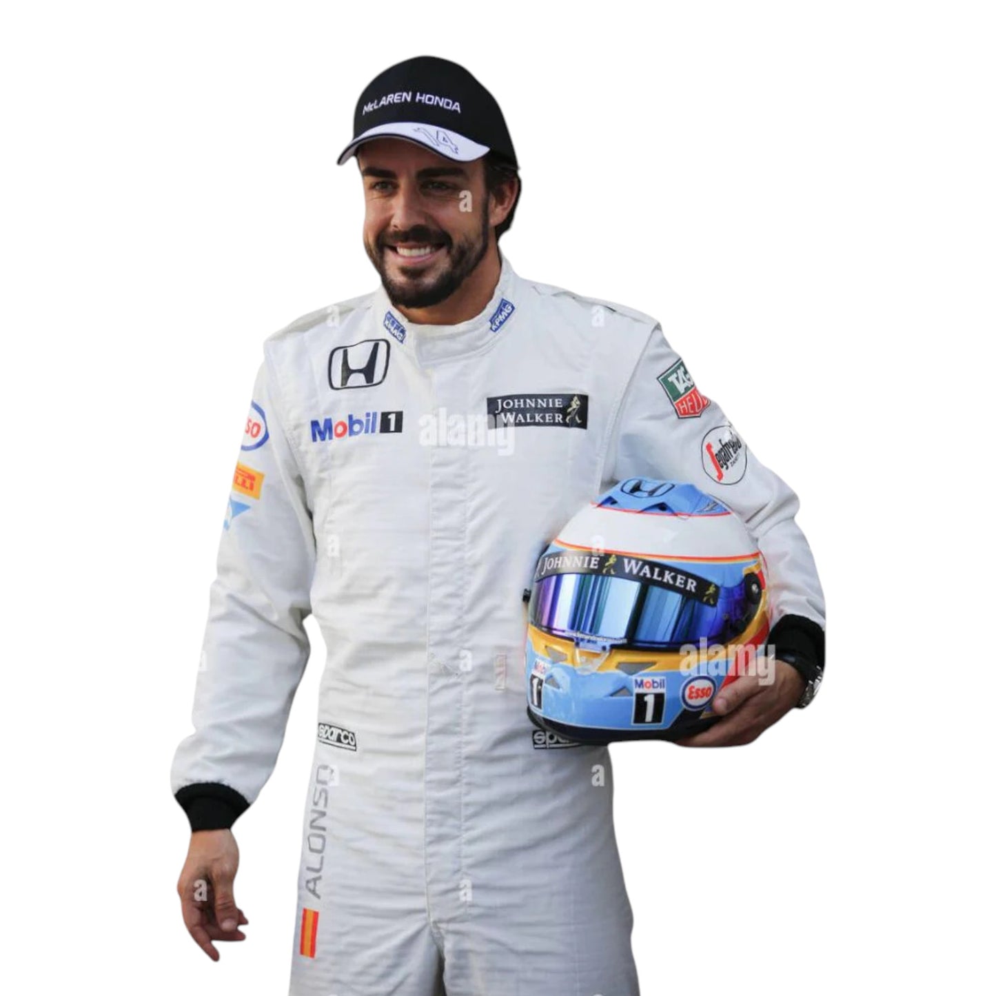 Fernando Alonso 2015 McLaren F1 race suit replica in white Honda powered design with official team sponsor logos
