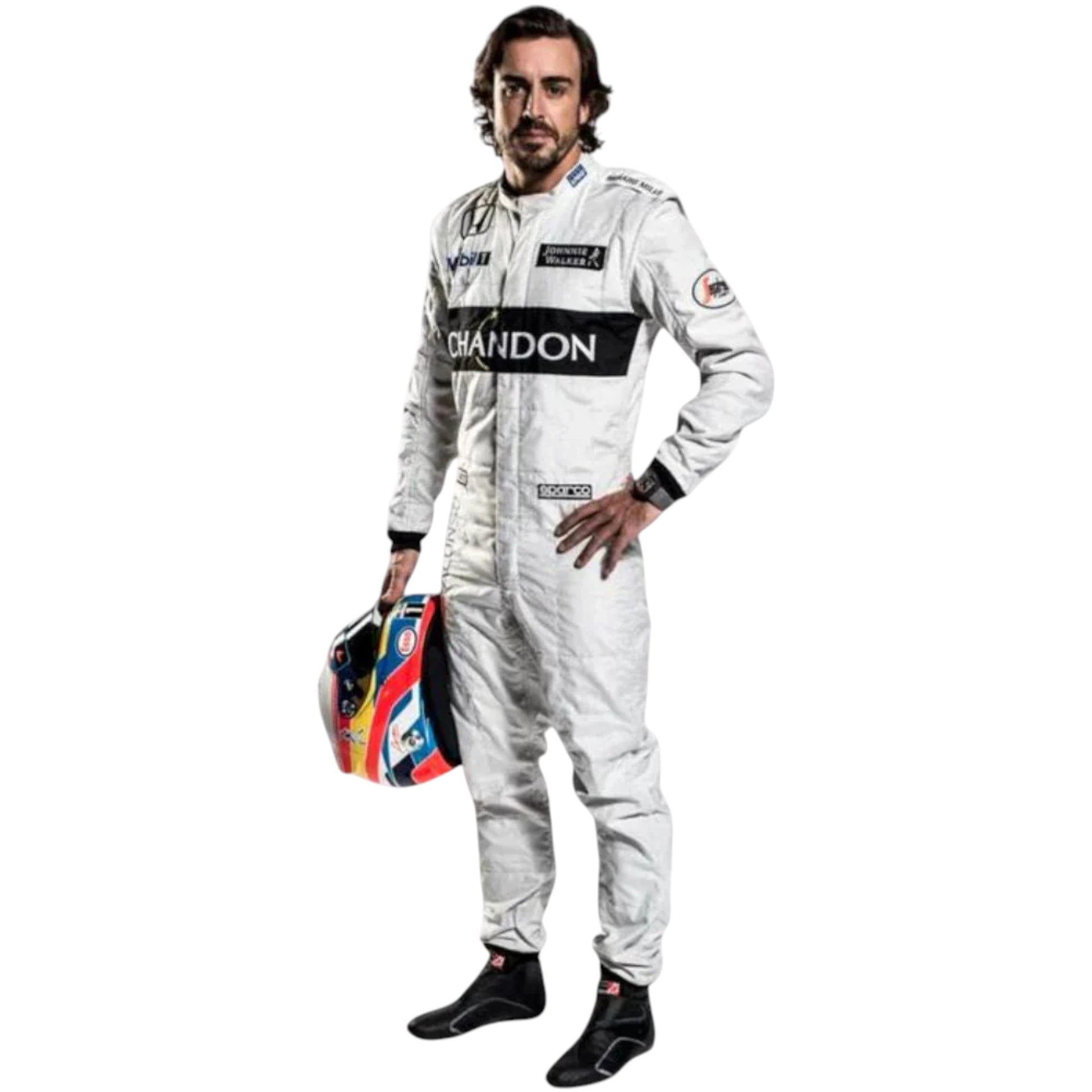 Fernando Alonso 2016 McLaren Honda F1 race suit replica in white with black CHANDON stripe and sponsor logos