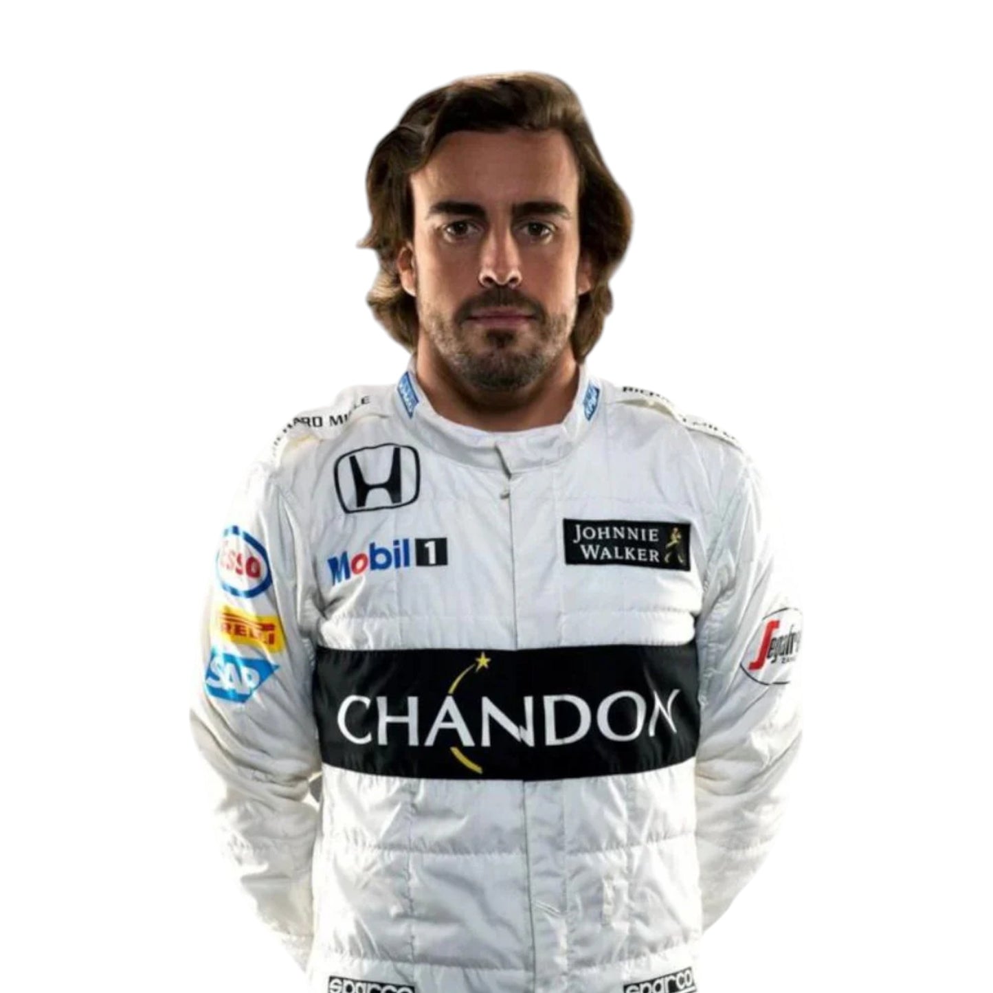 Fernando Alonso 2016 McLaren Honda F1 race suit replica in white with black CHANDON stripe and sponsor logos