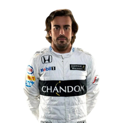 Fernando Alonso 2016 McLaren Honda F1 race suit replica in white with black CHANDON stripe and sponsor logos
