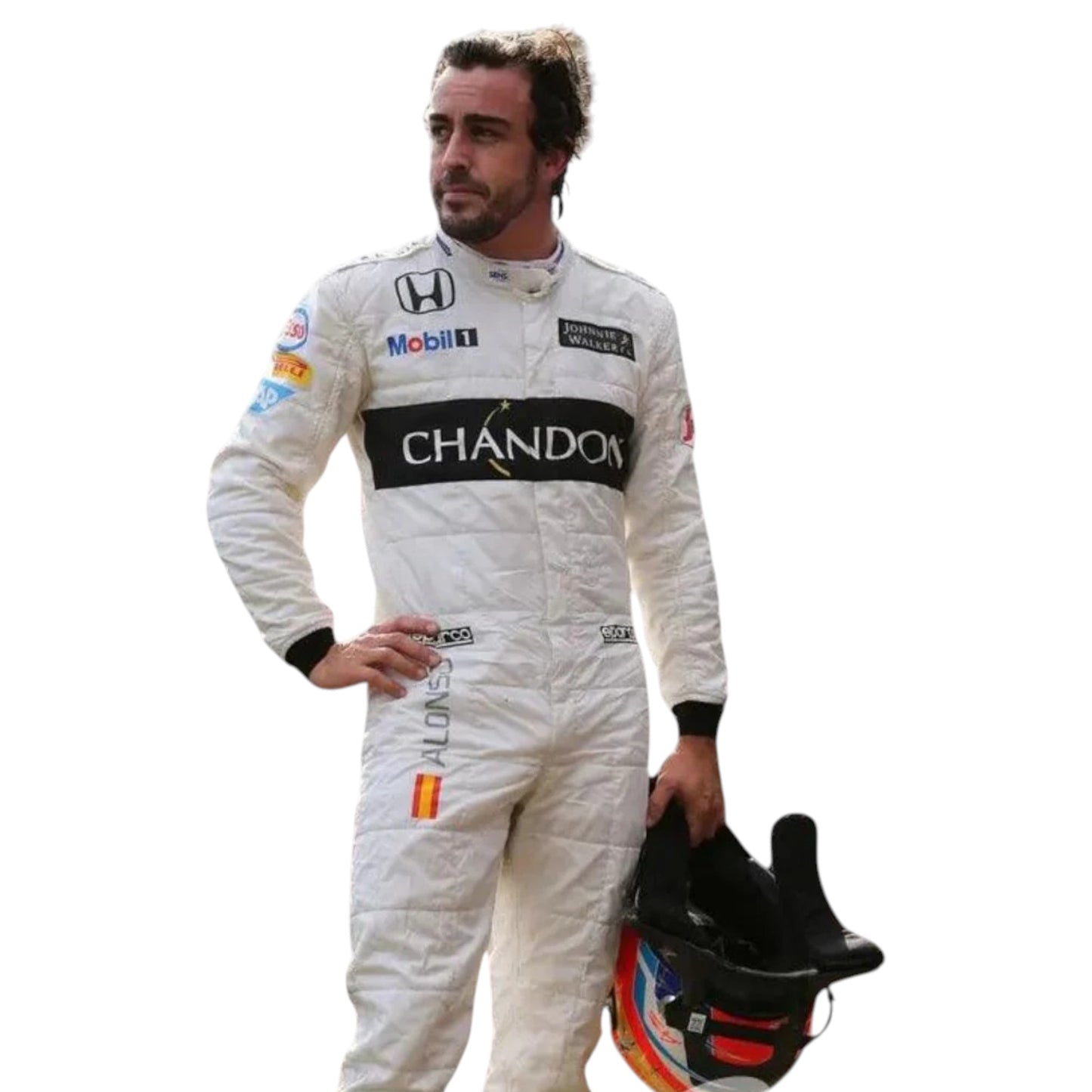 Fernando Alonso 2016 McLaren Honda F1 race suit replica in white with black CHANDON stripe and sponsor logos