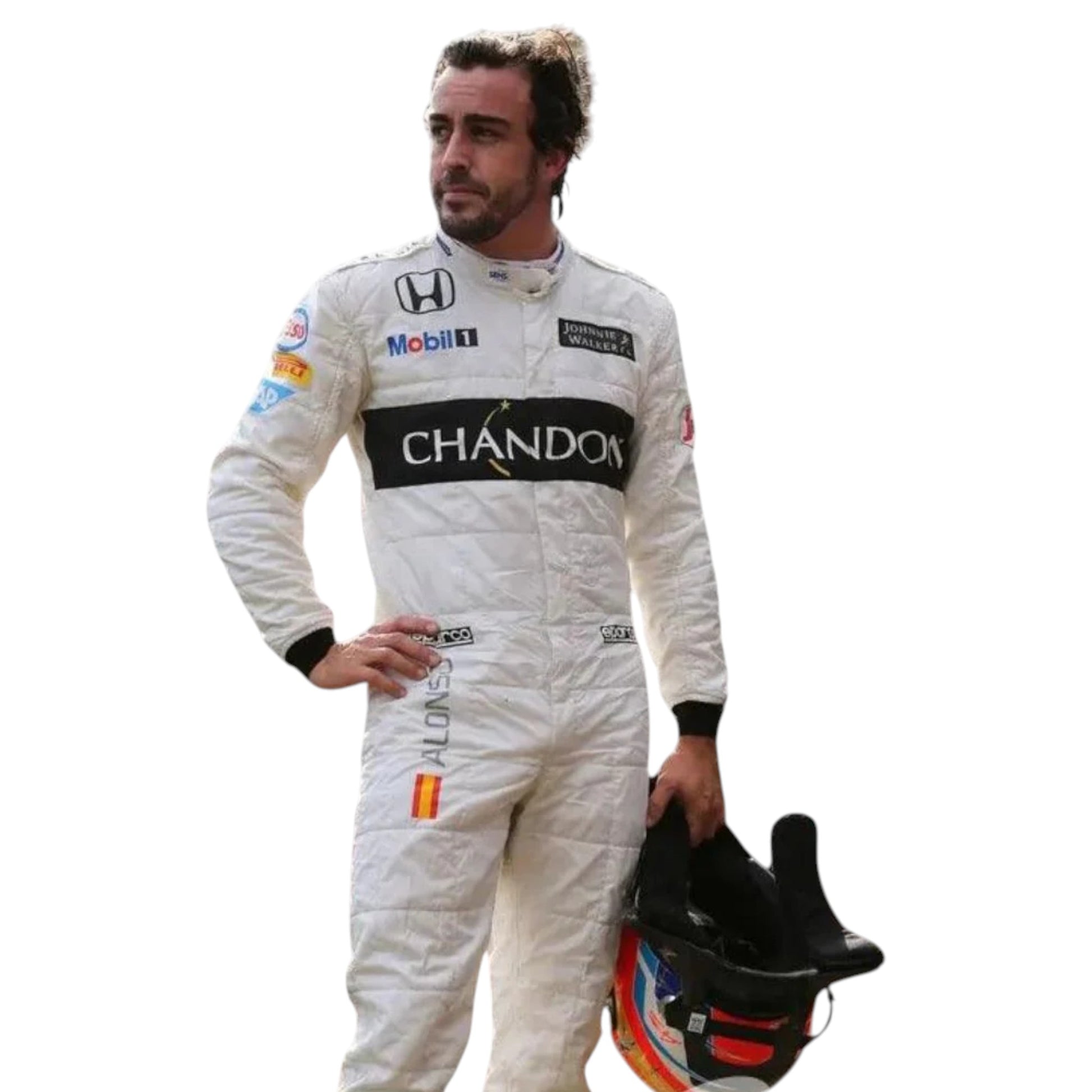 Fernando Alonso 2016 McLaren Honda F1 race suit replica in white with black CHANDON stripe and sponsor logos