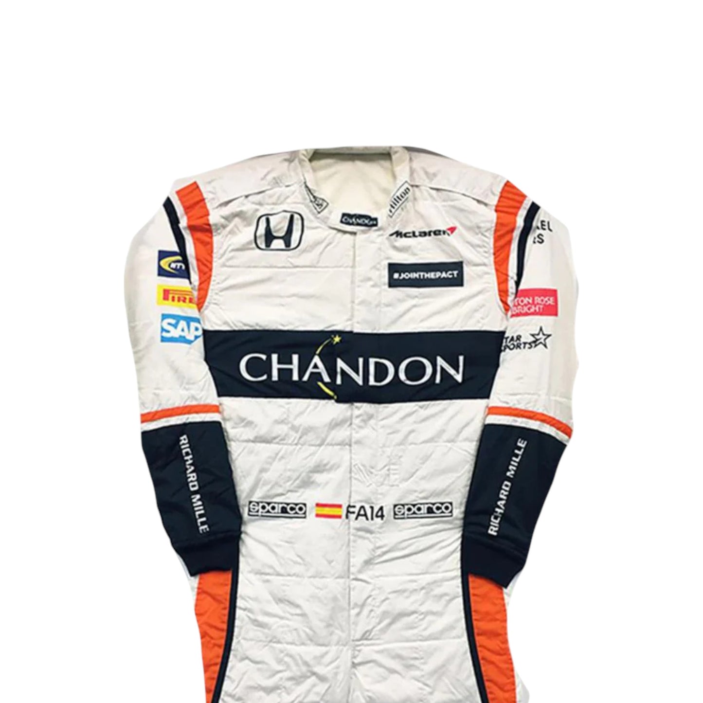 Fernando Alonso 2017 McLaren Honda F1 race suit replica with white, navy, and orange design featuring Chandon sponsor