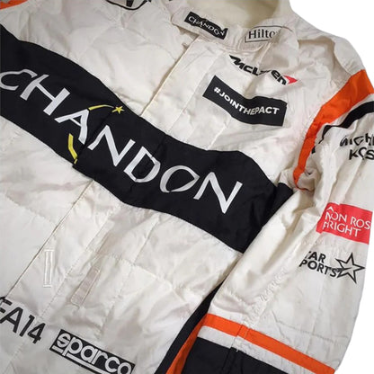 Fernando Alonso 2017 McLaren Honda F1 race suit replica with white, navy, and orange design featuring Chandon sponsor