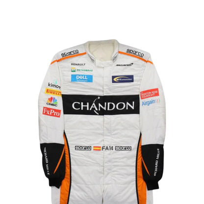 Fernando Alonso 2018 McLaren F1 race suit replica in papaya orange and blue with sponsor logos and authentic detailing