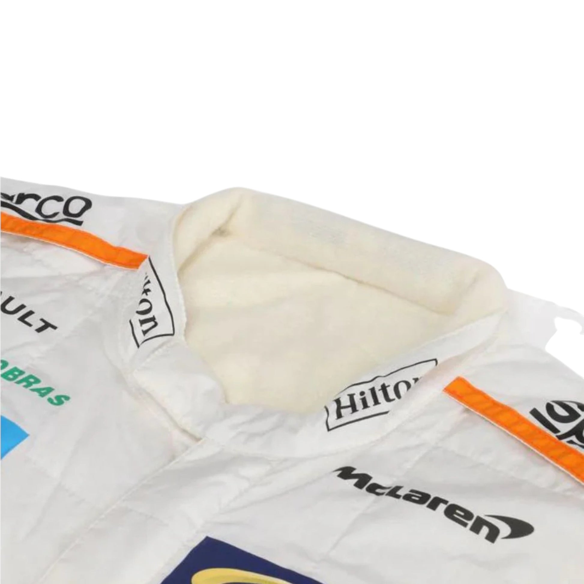 Fernando Alonso 2018 McLaren F1 race suit replica in papaya orange and blue with sponsor logos and authentic detailing