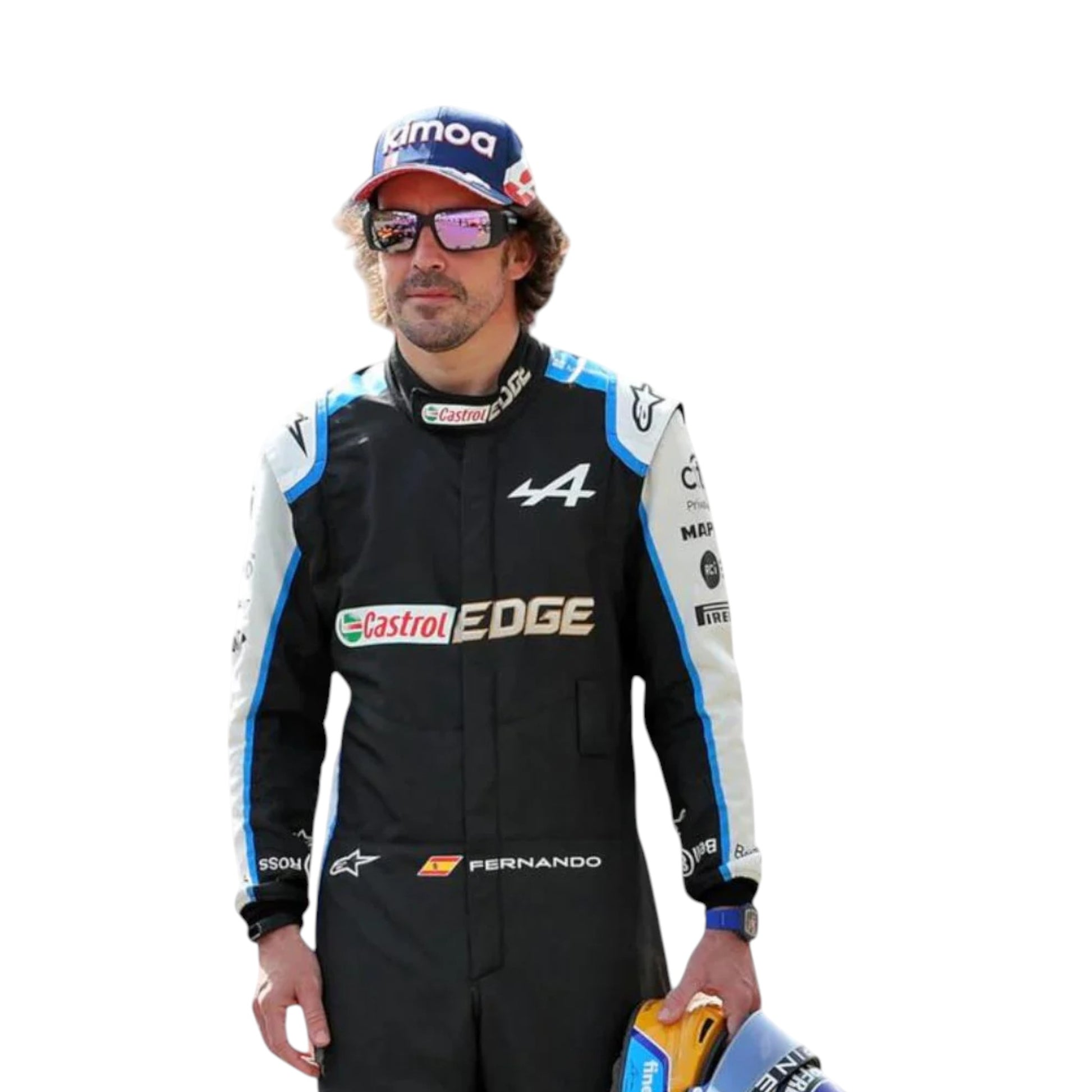 Fernando Alonso 2021 Alpine F1 race suit replica with blue and pink BWT team design featuring sponsor logos