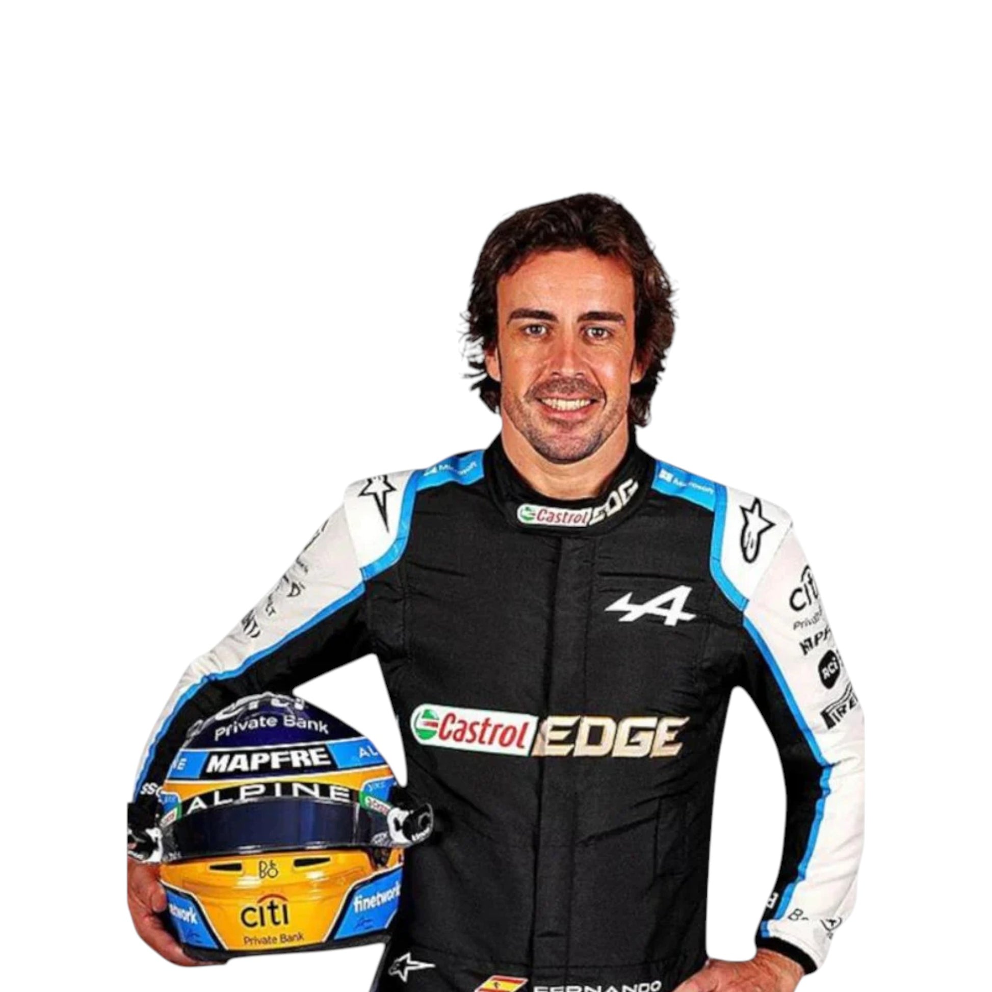Replica of Fernando Alonso 2021 Alpine F1 driver suit with authentic team branding and sponsor details