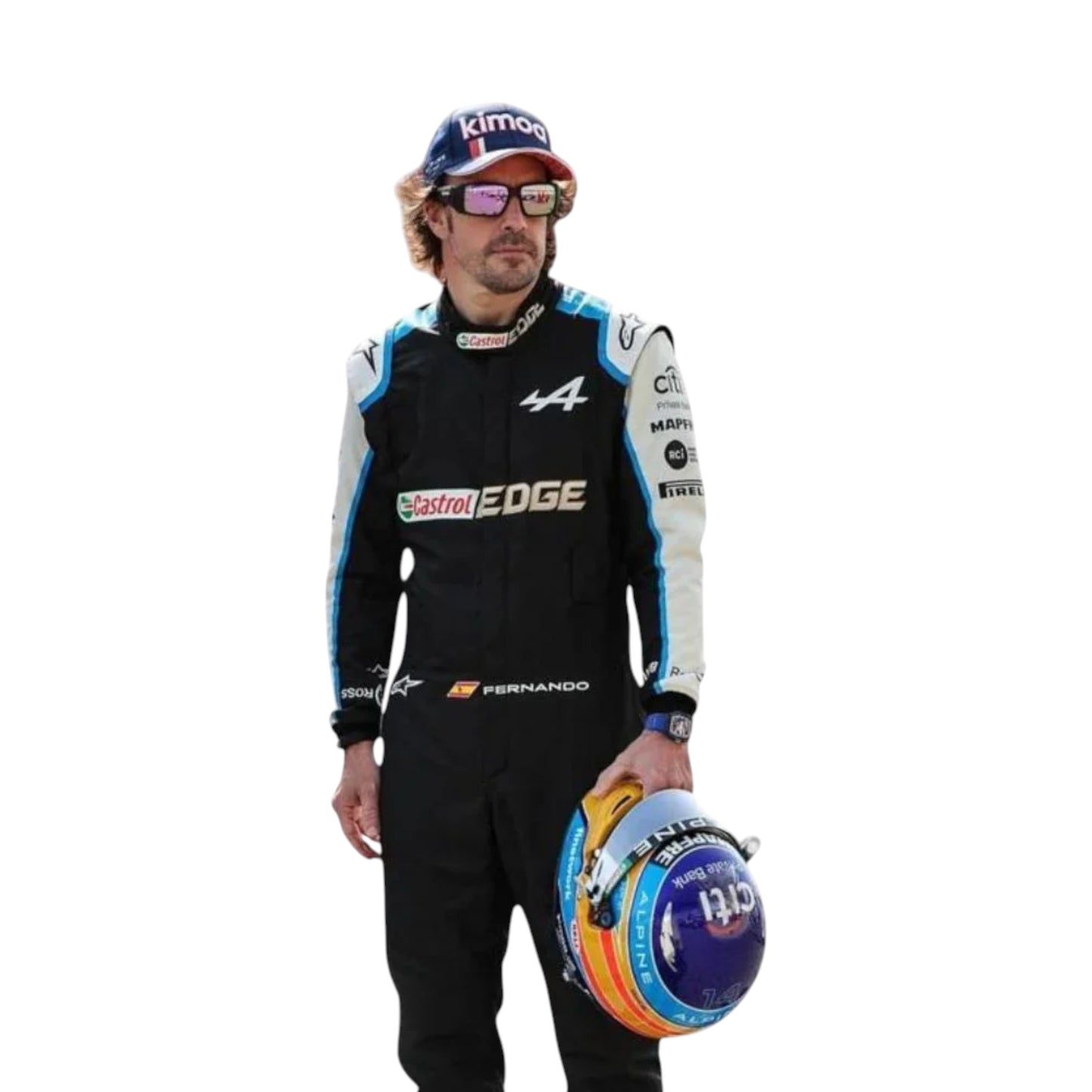 Replica of Fernando Alonso 2021 Alpine F1 driver suit with authentic team branding and sponsor details