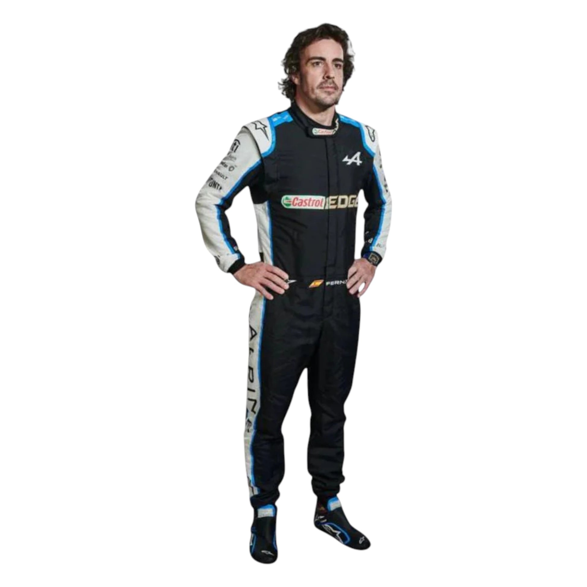 Replica of Fernando Alonso 2021 Alpine F1 driver suit with authentic team branding and sponsor details