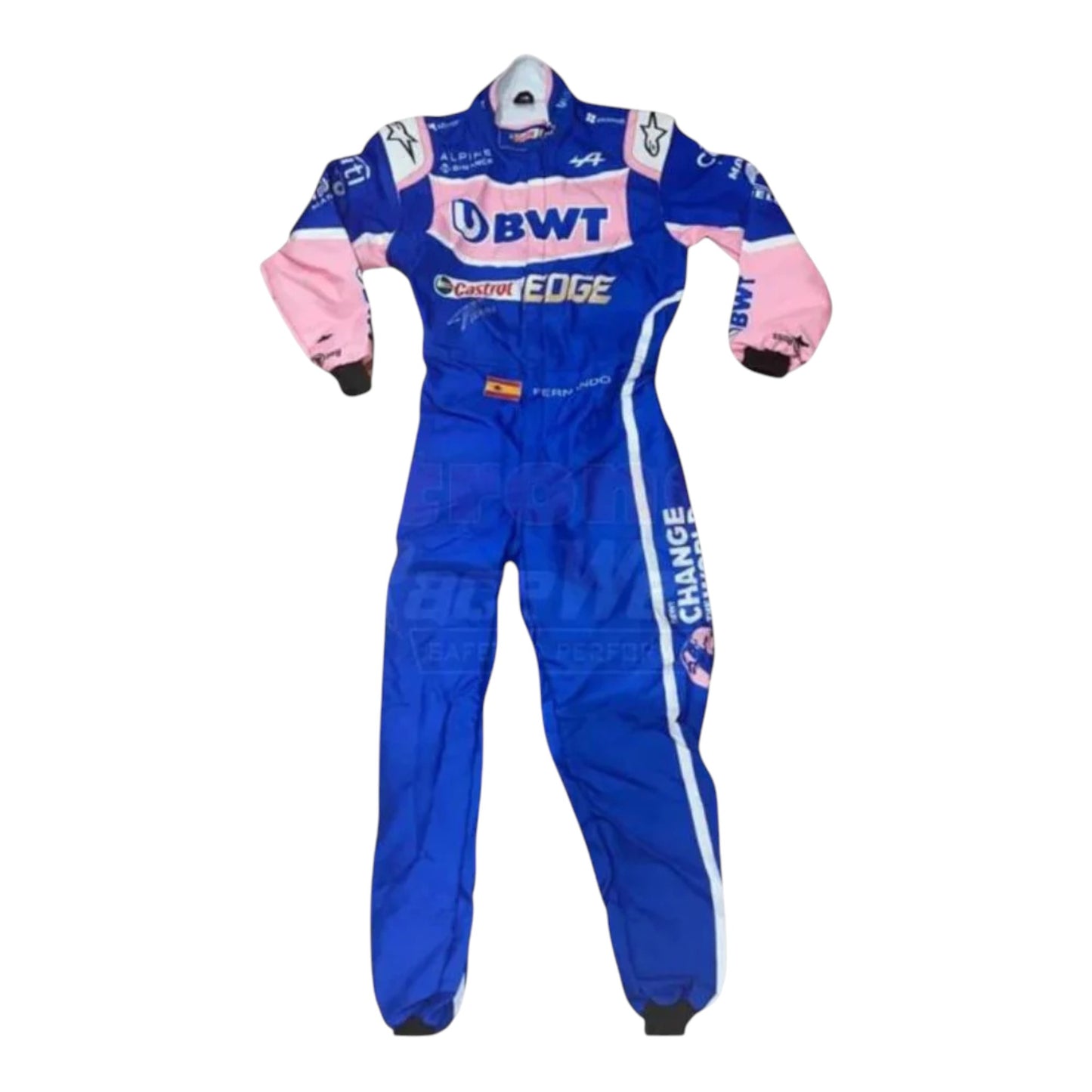 Fernando Alonso 2022 BWT Alpine F1 race suit replica with blue and pink team design featuring sponsor logos