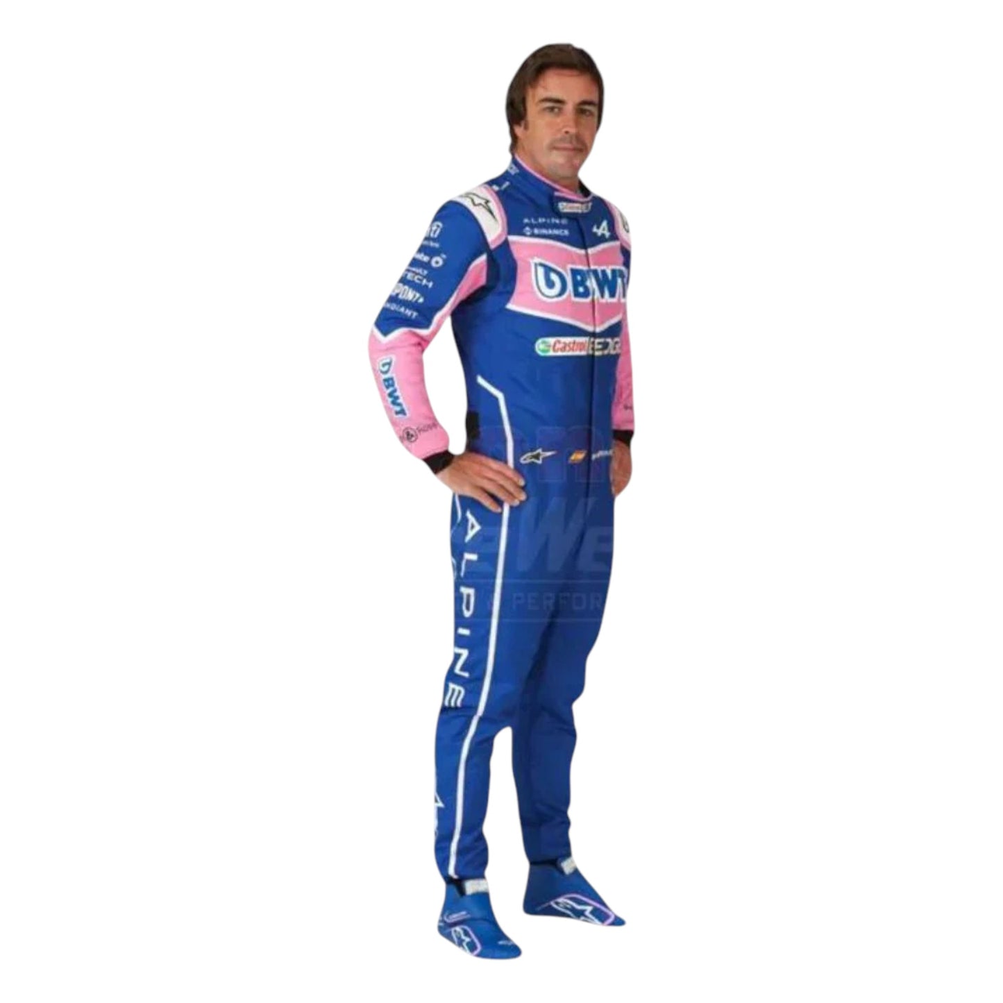Fernando Alonso 2022 BWT Alpine F1 race suit replica with blue and pink team design featuring sponsor logos