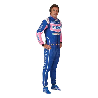 Fernando Alonso 2022 BWT Alpine F1 race suit replica with blue and pink team design featuring sponsor logos
