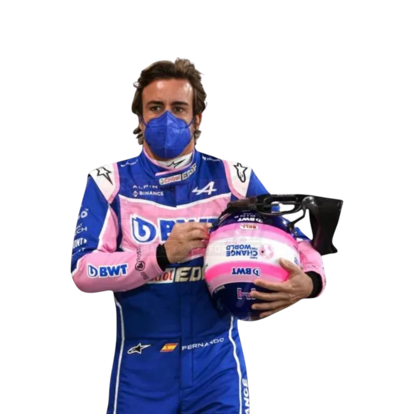 Fernando Alonso 2022 BWT Alpine F1 race suit replica with blue and pink team design featuring sponsor logos