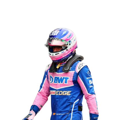 Fernando Alonso 2022 BWT Alpine F1 race suit replica with blue and pink team design featuring sponsor logos