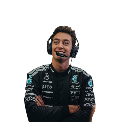 2025 George Russell Mercedes AMG F1 race suit replica official Petronas teamwear with race accurate styling and AMG branding
