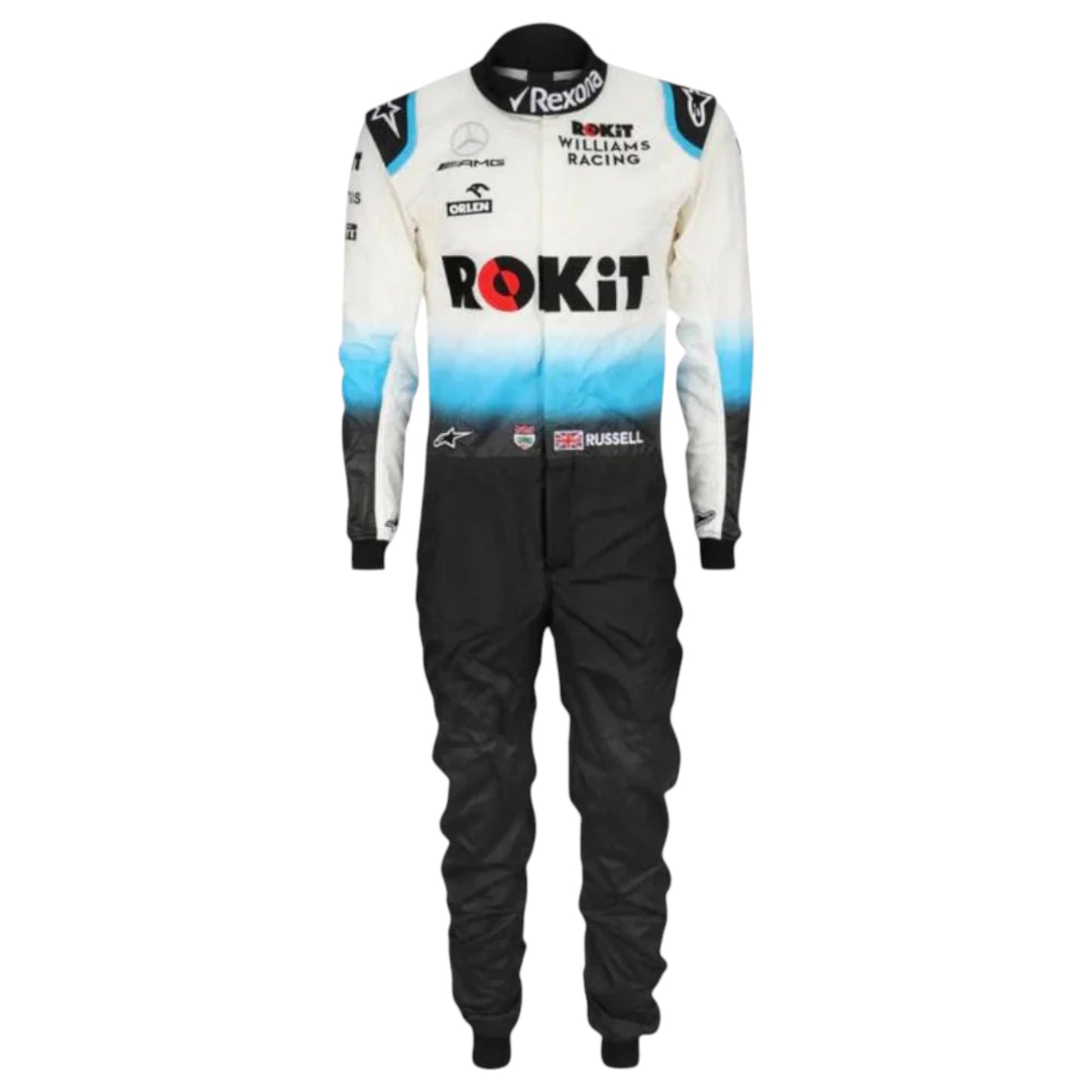 George Russell 2019 Williams F1 race suit replica white and blue design featuring Rokit Williams Racing branding and sponsor logos