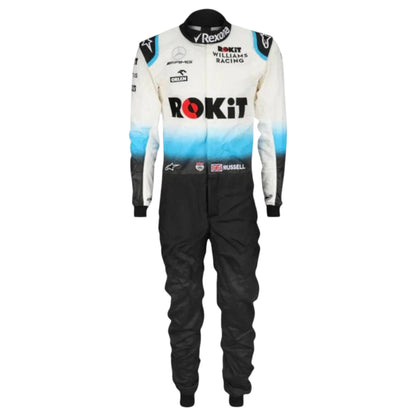 George Russell 2019 Williams F1 race suit replica white and blue design featuring Rokit Williams Racing branding and sponsor logos