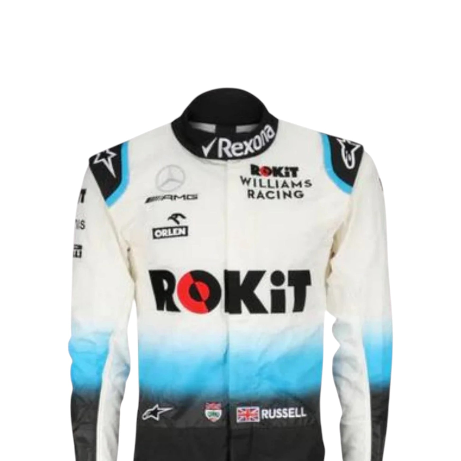 George Russell 2019 Williams F1 race suit replica white and blue design featuring Rokit Williams Racing branding and sponsor logos