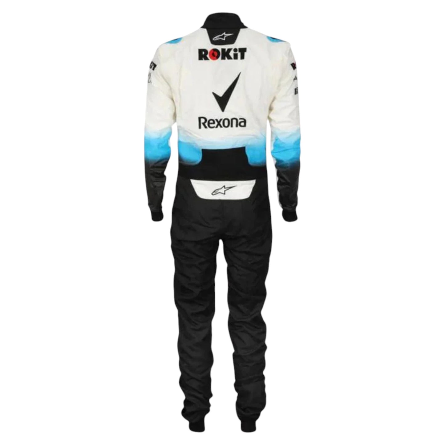 George Russell 2019 Williams F1 race suit replica white and blue design featuring Rokit Williams Racing branding and sponsor logos