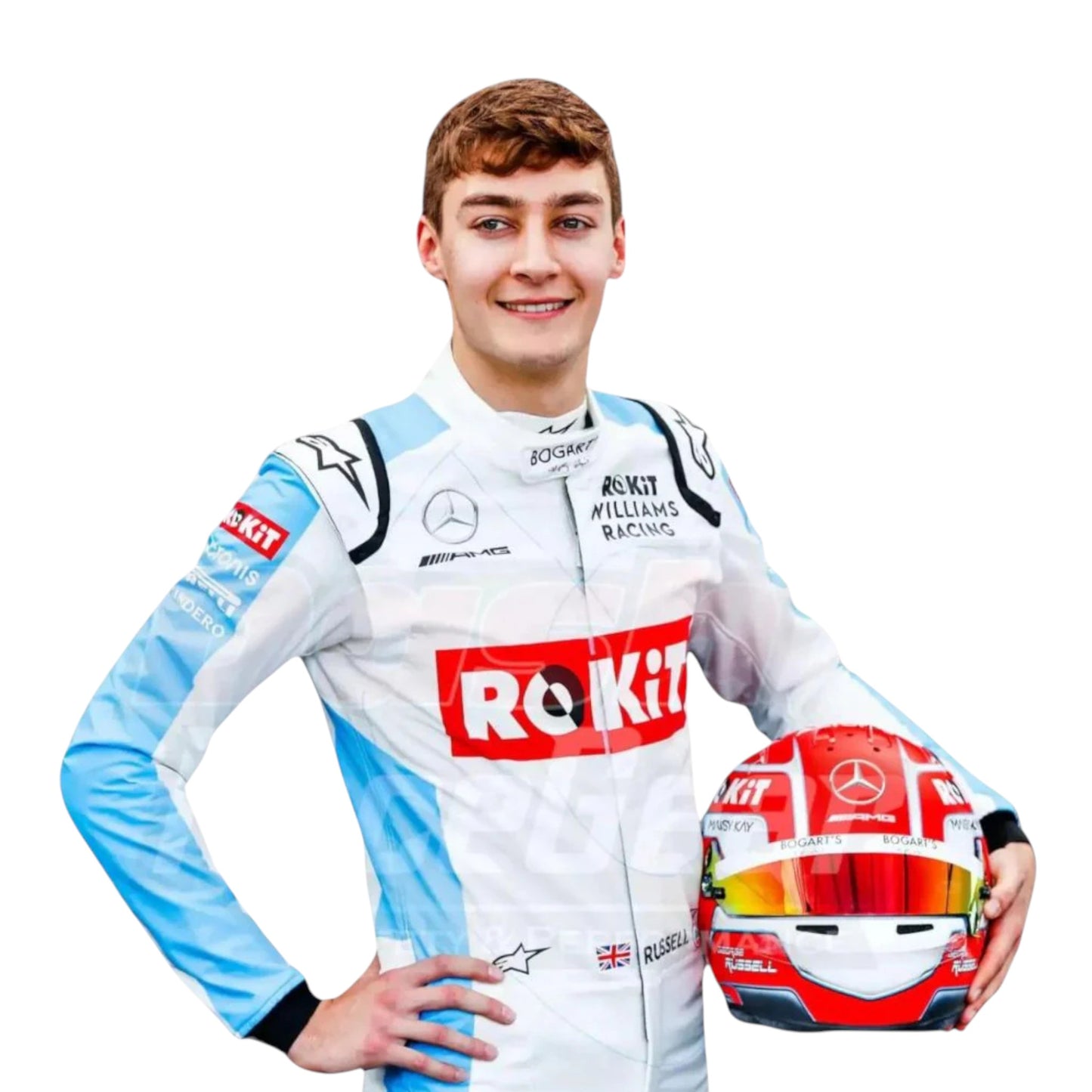 George Russell 2020 Williams F1 race suit replica white and light blue design with Rokit Williams Racing branding and sponsor details
