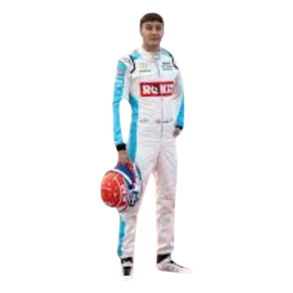 George Russell 2020 Williams F1 race suit replica white and light blue design with Rokit Williams Racing branding and sponsor details