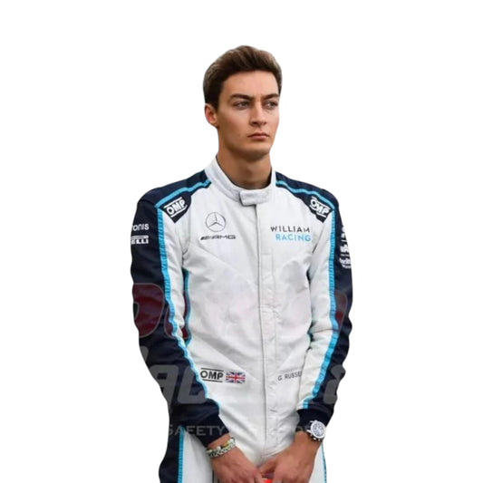 George Russell 2021 Williams F1 race suit replica blue and white design featuring Dorilton era Williams Racing sponsor logos and detailing
