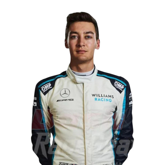 George Russell 2021 Williams F1 race suit replica blue and white design featuring Dorilton era Williams Racing sponsor logos and detailing