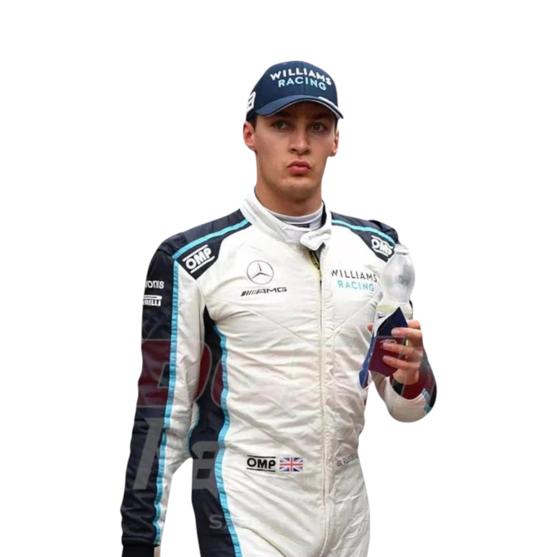 George Russell 2021 Williams F1 race suit replica blue and white design featuring Dorilton era Williams Racing sponsor logos and detailing