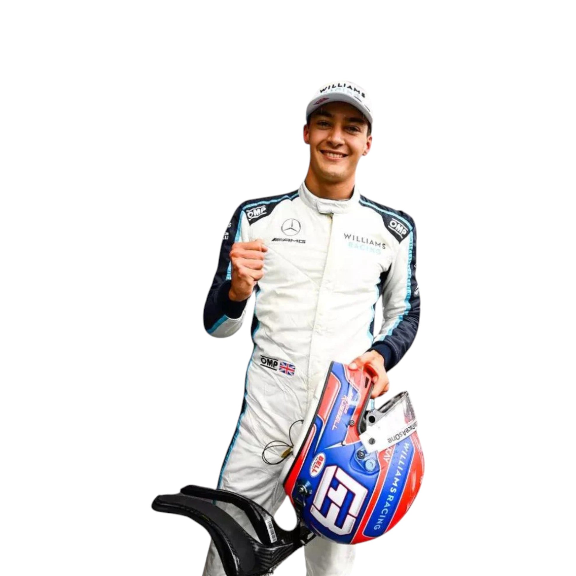 George Russell 2021 Williams F1 race suit replica blue and white design featuring Dorilton era Williams Racing sponsor logos and detailing