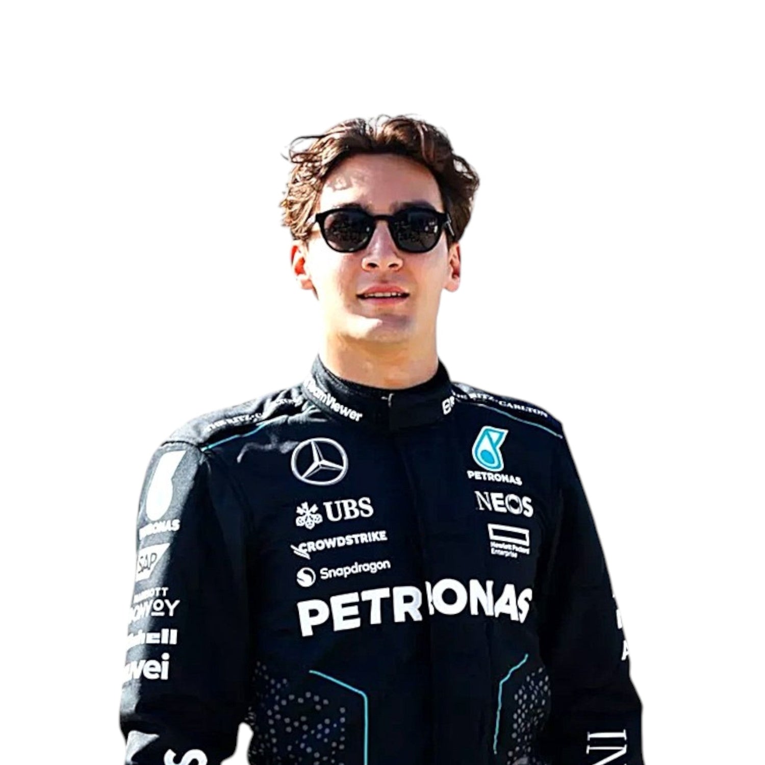 2024 George Russell Mercedes AMG F1 race suit replica authentic Petronas team design with race season graphics and branding