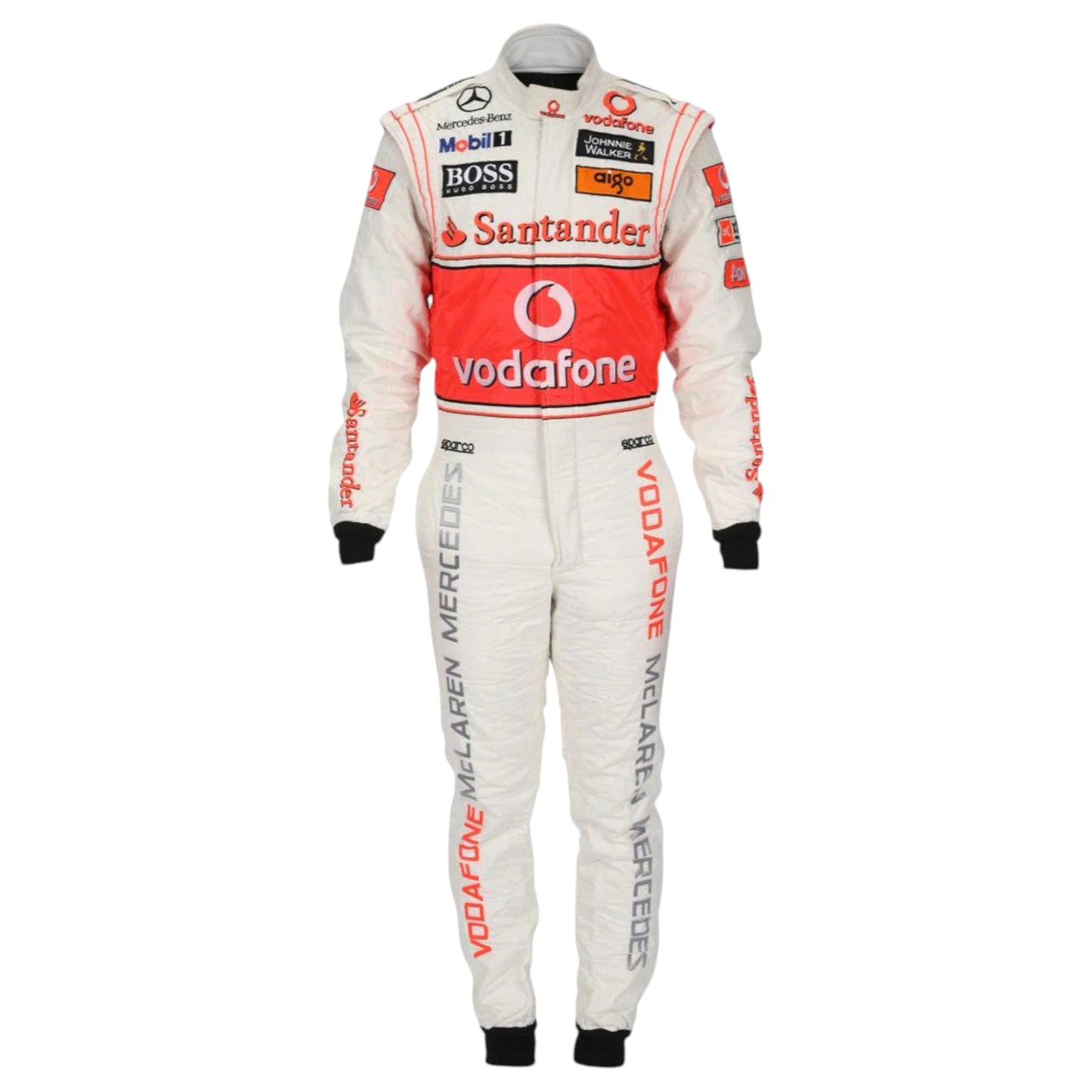 Jenson Button 2010 McLaren F1 race suit replica silver Vodafone McLaren Mercedes design with red accents and authentic sponsor logos
