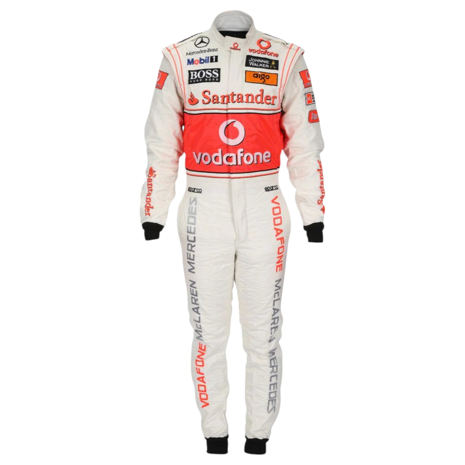 Jenson Button 2010 McLaren F1 race suit replica silver Vodafone McLaren Mercedes design with red accents and authentic sponsor logos
