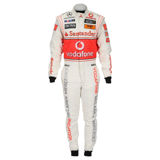 Jenson Button 2010 McLaren F1 race suit replica silver Vodafone McLaren Mercedes design with red accents and authentic sponsor logos
