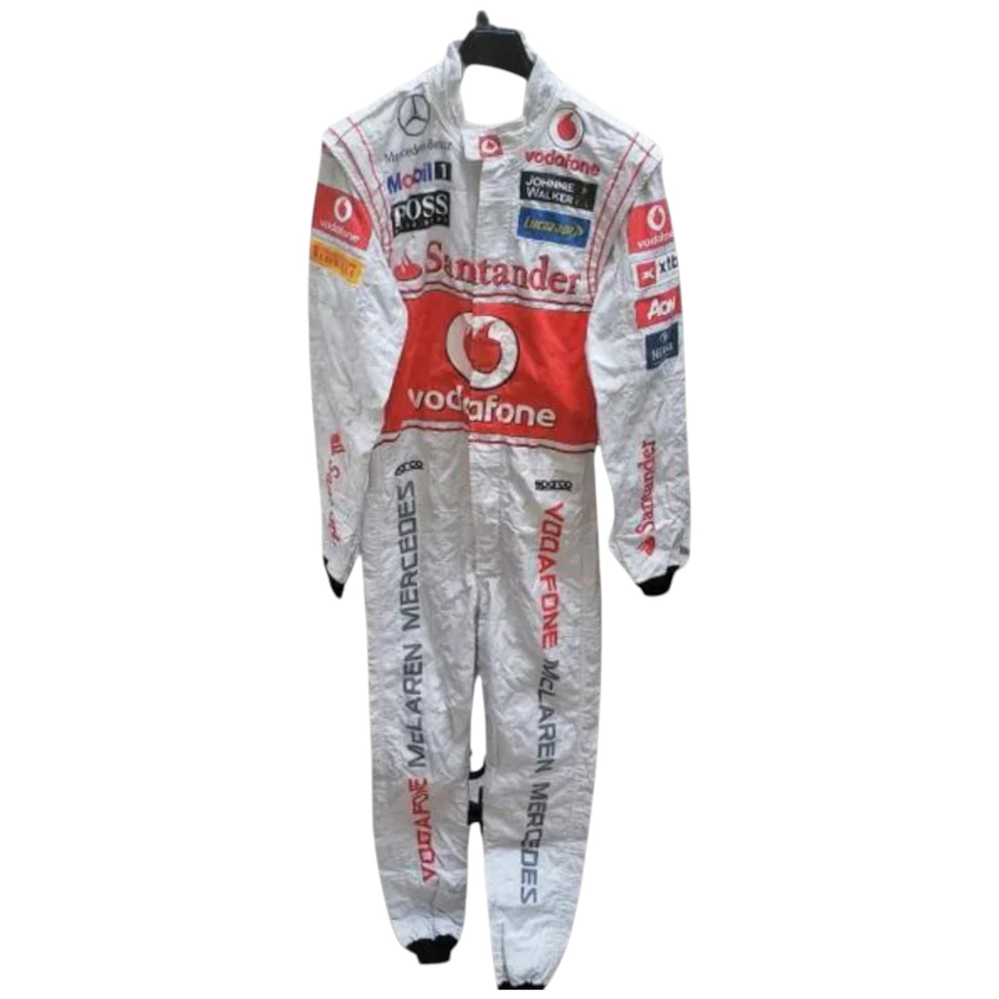 Jenson Button 2011 McLaren F1 race suit replica silver and red Vodafone McLaren Mercedes design featuring official team sponsor logos
