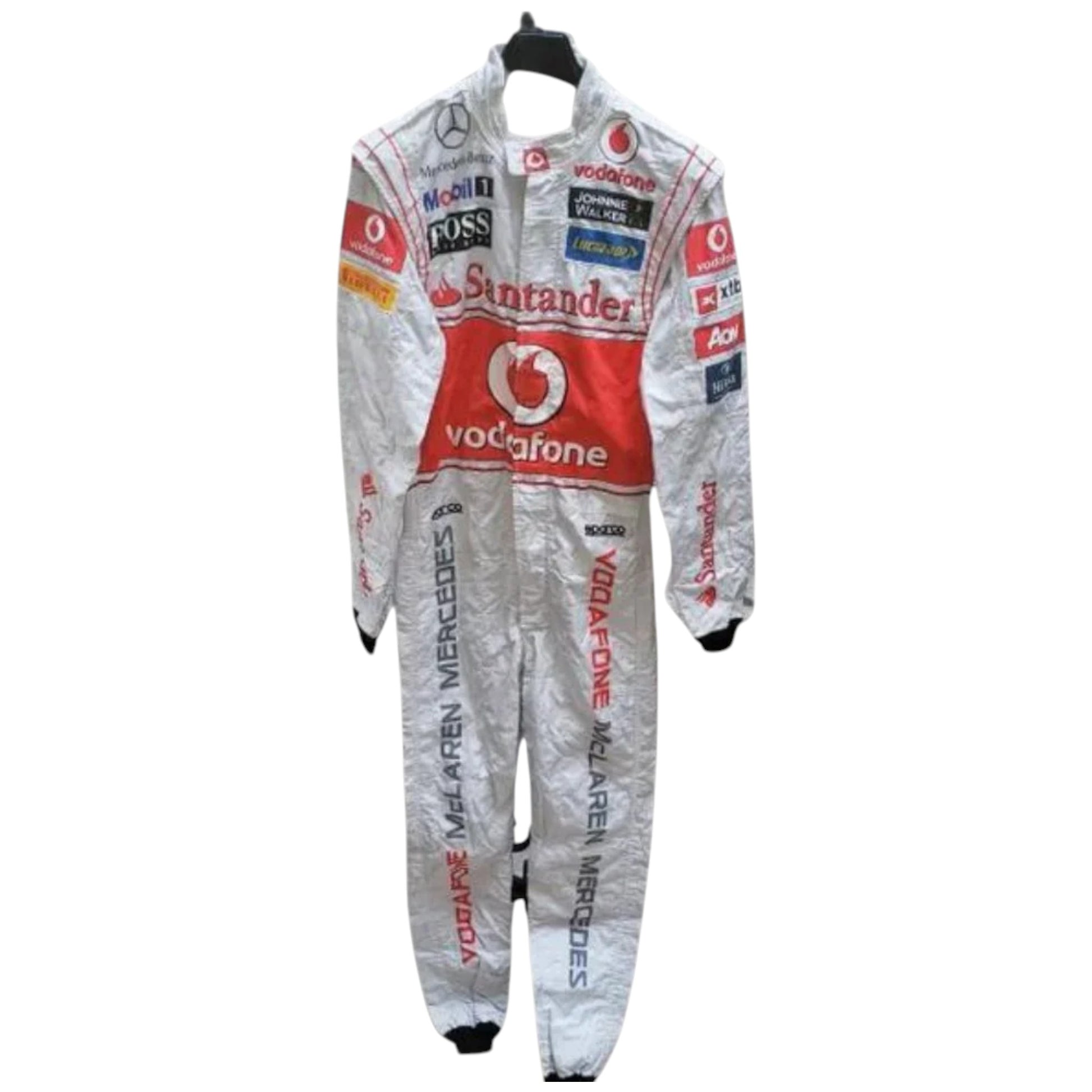 Jenson Button 2011 McLaren F1 race suit replica silver and red Vodafone McLaren Mercedes design featuring official team sponsor logos

