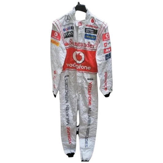 Jenson Button 2011 McLaren F1 race suit replica silver and red Vodafone McLaren Mercedes design featuring official team sponsor logos
