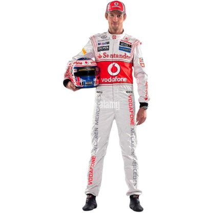 Jenson Button 2012 McLaren F1 race suit replica silver Vodafone McLaren Mercedes design with red detailing and season-specific sponsor logos

