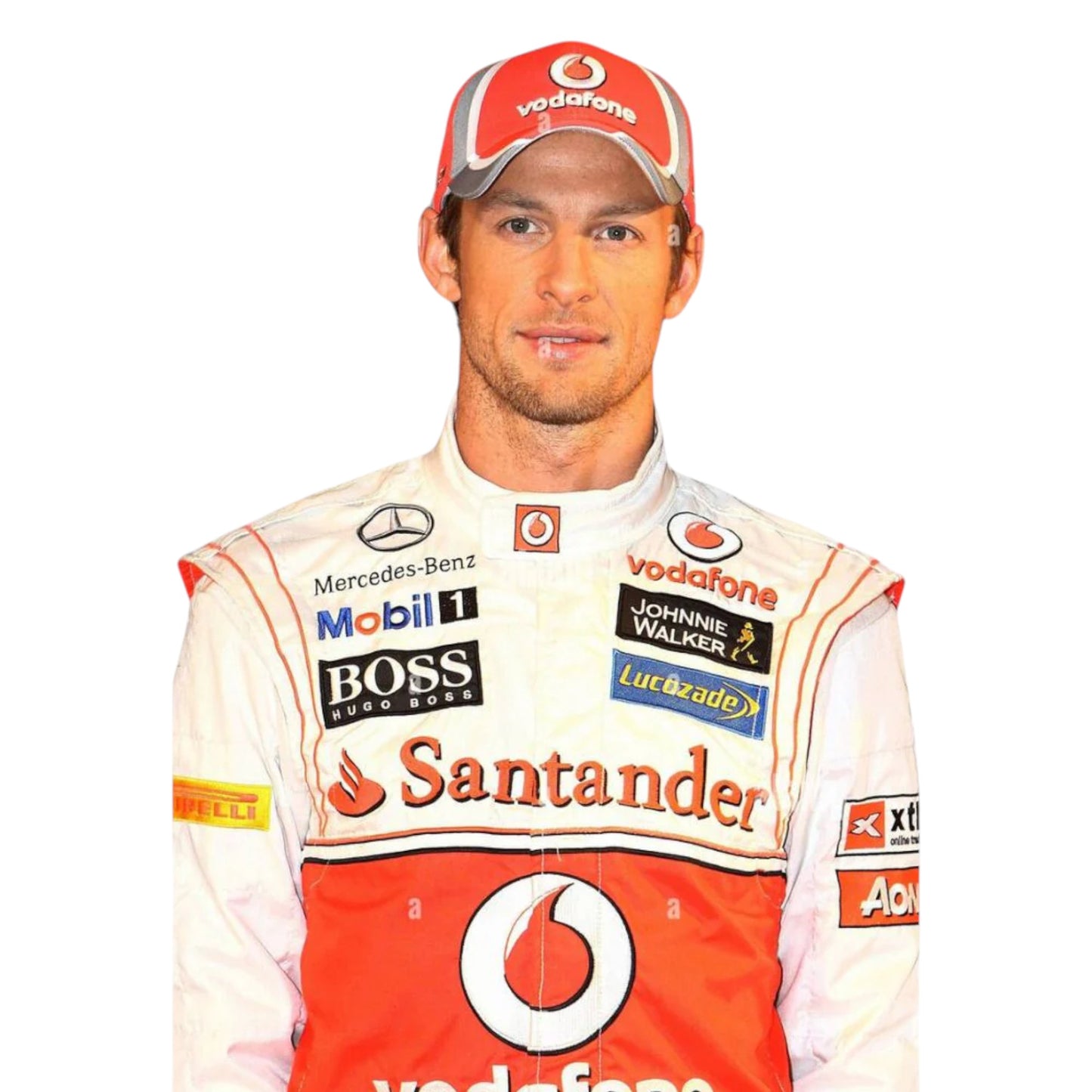 Jenson Button 2012 McLaren F1 race suit replica silver Vodafone McLaren Mercedes design with red detailing and season-specific sponsor logos

