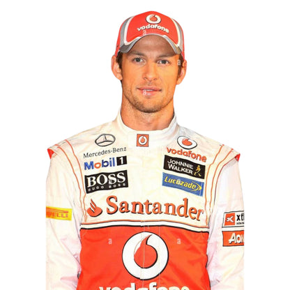 Jenson Button 2012 McLaren F1 race suit replica silver Vodafone McLaren Mercedes design with red detailing and season-specific sponsor logos

