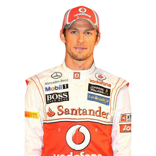 Jenson Button 2012 McLaren F1 race suit replica silver Vodafone McLaren Mercedes design with red detailing and season-specific sponsor logos
