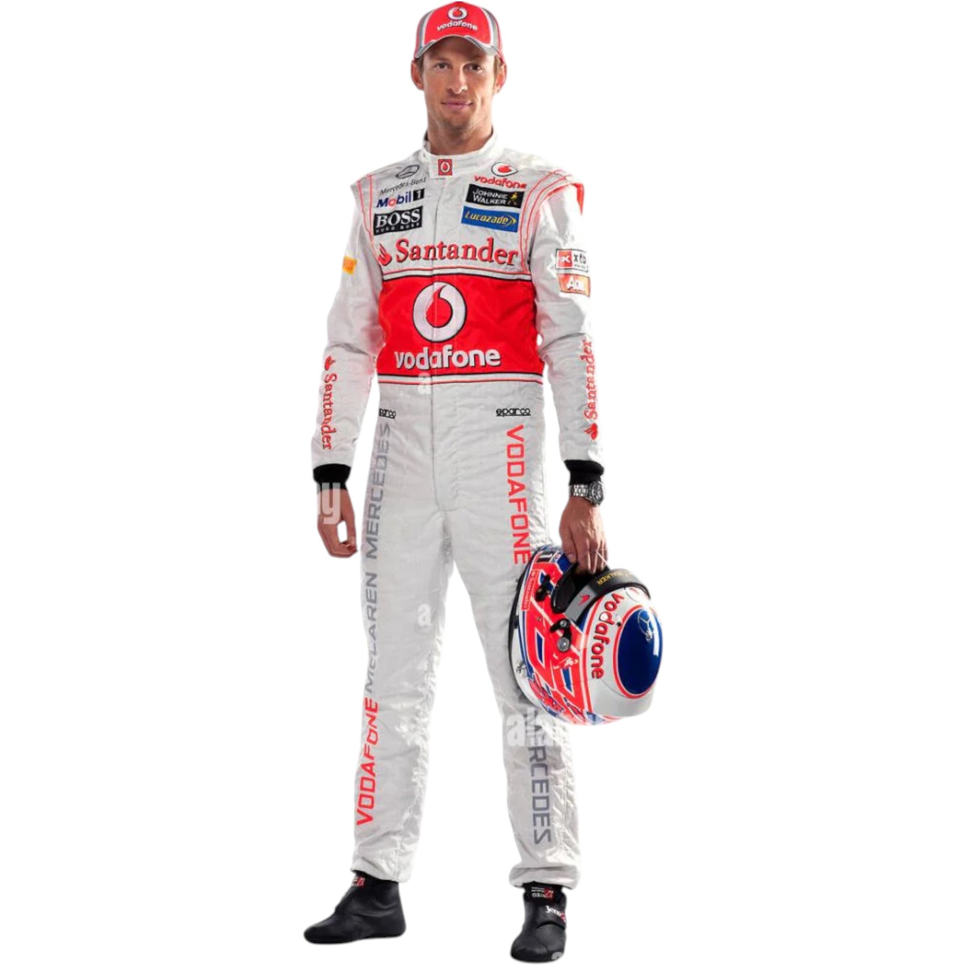 Jenson Button 2012 McLaren F1 race suit replica silver Vodafone McLaren Mercedes design with red detailing and season-specific sponsor logos
